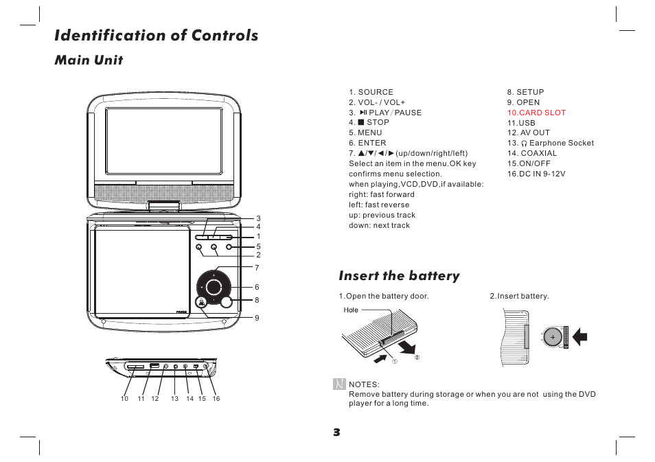 Identification of controls, Main unit, Insert the battery | Lenco DVP-737 User Manual | Page 4 / 45