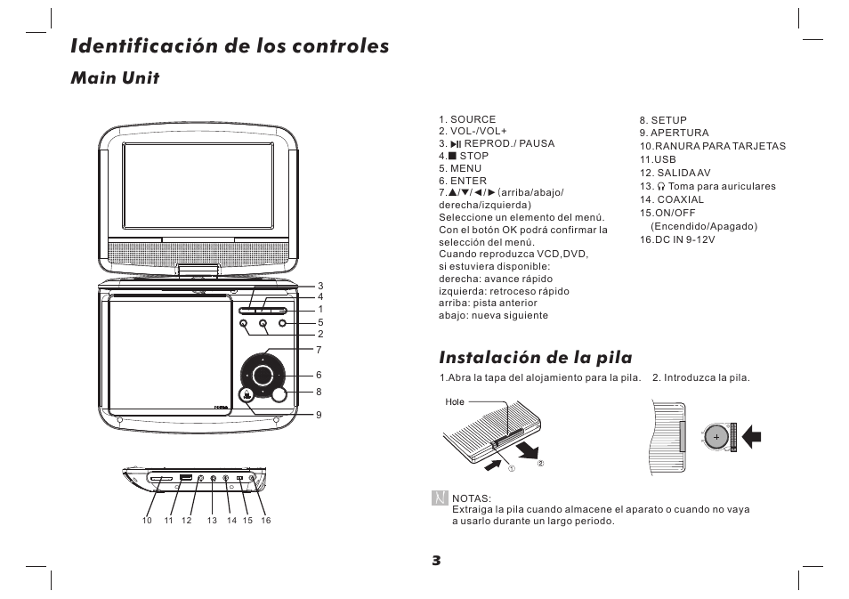 Identificación de los controles, Main unit, Instalación de la pila | Lenco DVP-737 User Manual | Page 40 / 45