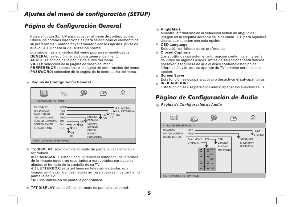 Ajustes del menú de configuración (setup), Página de configuración de audio, Página de configuración general | Lenco DVP-737 User Manual | Page 42 / 45