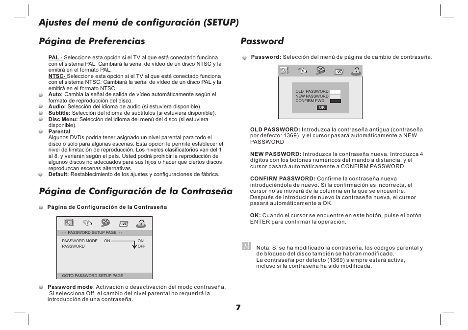 Ajustes del menú de configuración (setup), Password | Lenco DVP-737 User Manual | Page 44 / 45