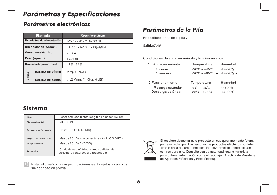 Parámetros y especificaciones, Parámetros de la pila, Parámetros electrónicos | Sistema | Lenco DVP-737 User Manual | Page 45 / 45