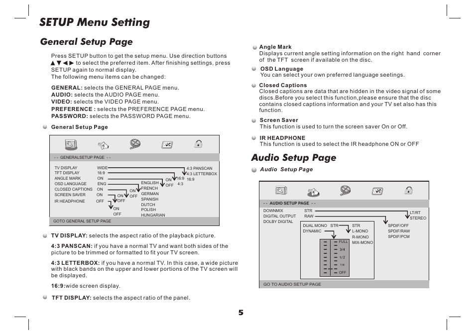 Setup menu setting, Audio setup page, General setup page | Lenco DVP-737 User Manual | Page 6 / 45