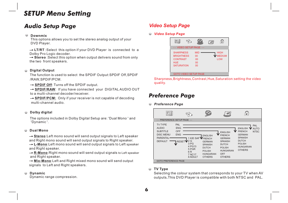 Setup menu setting, Audio setup page, Preference page | Video setup page | Lenco DVP-737 User Manual | Page 7 / 45