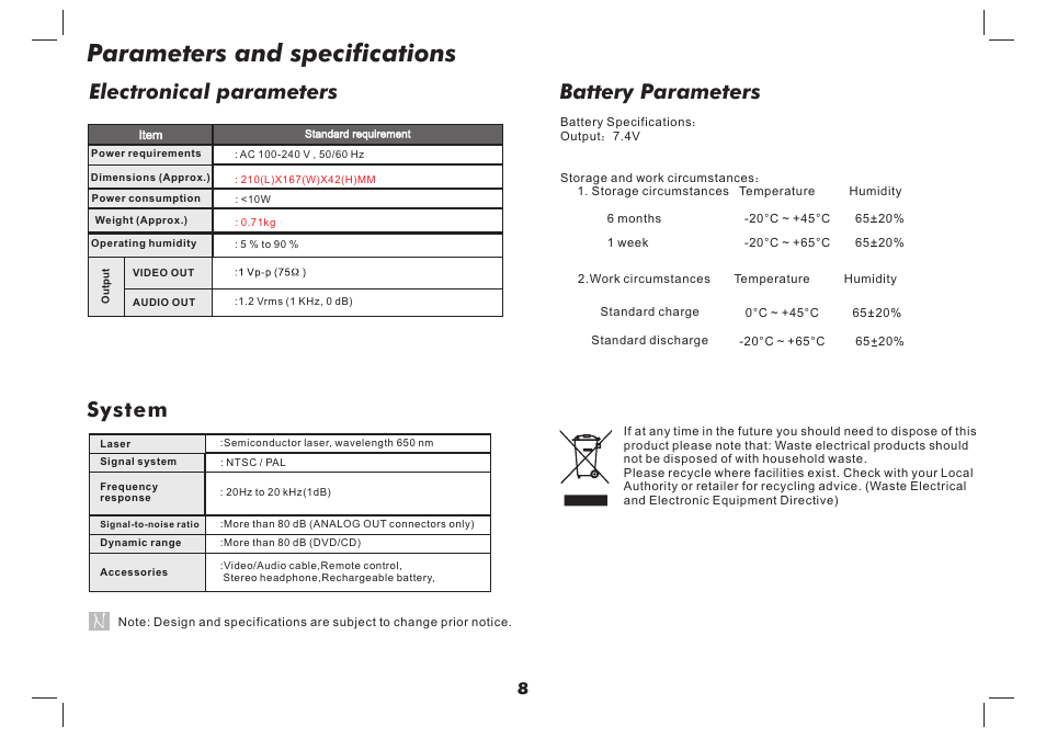 Parameters and specifications, Battery parameters, Electronical parameters | System | Lenco DVP-737 User Manual | Page 9 / 45