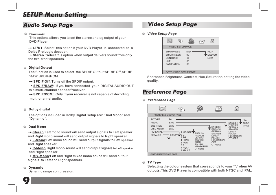 Setup menu setting, Video setup page, Audio setup page | Preference page | Lenco DVP-738 X2 User Manual | Page 10 / 13