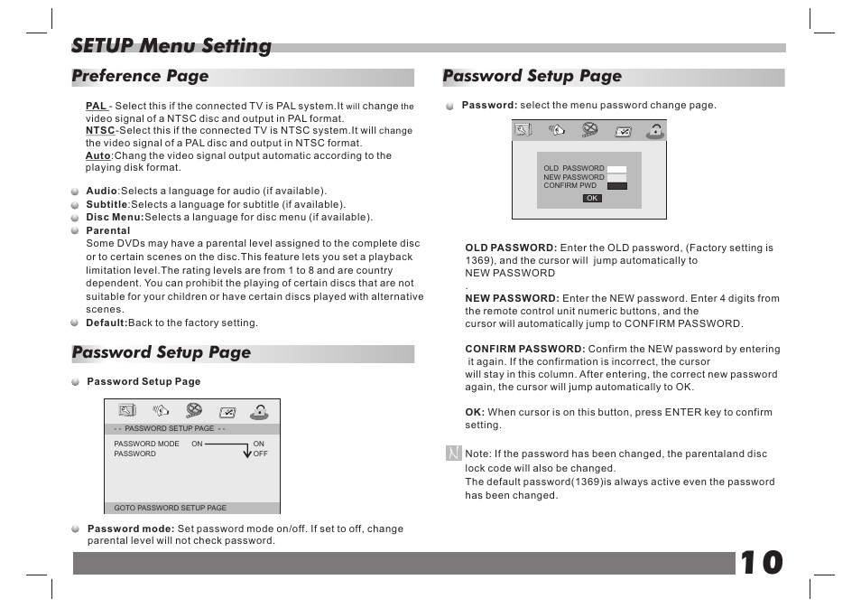 Setup menu setting, Password setup page, Preference page | Lenco DVP-738 X2 User Manual | Page 11 / 13