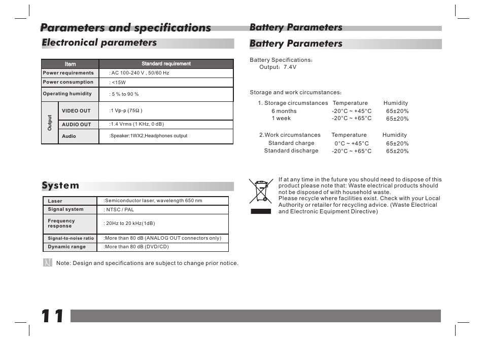 Parameters and specifications, Electronical parameters system, Battery parameters | Lenco DVP-738 X2 User Manual | Page 12 / 13
