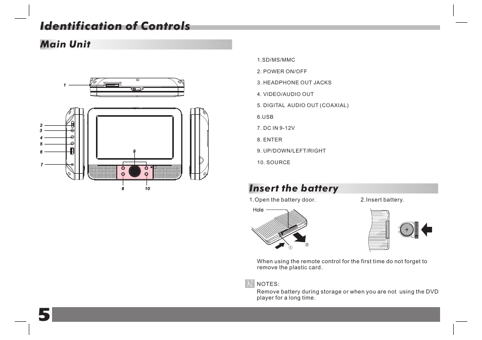 Identification of controls, Main unit, Insert the battery | Lenco DVP-738 X2 User Manual | Page 6 / 13