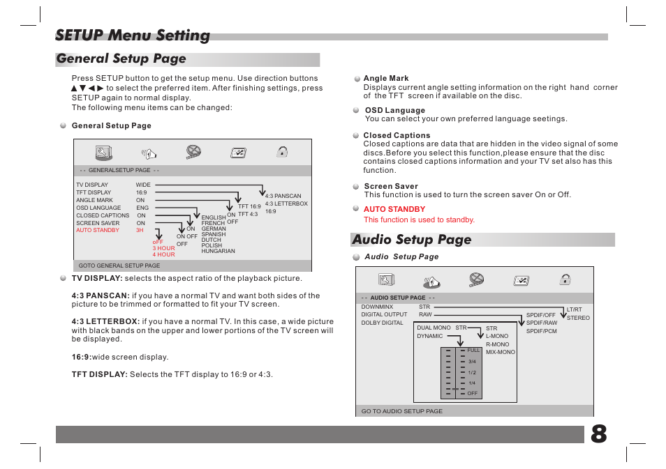 Setup menu setting, Audio setup page, General setup page | Lenco DVP-738 X2 User Manual | Page 9 / 13