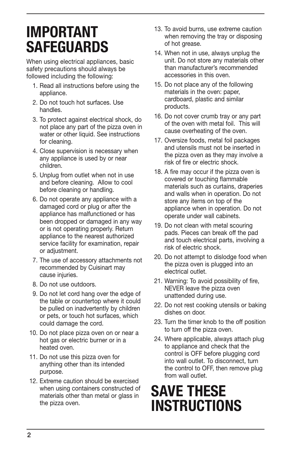 Important safeguards, Save these instructions | Cuisinart PIZ-100 User Manual | Page 2 / 21