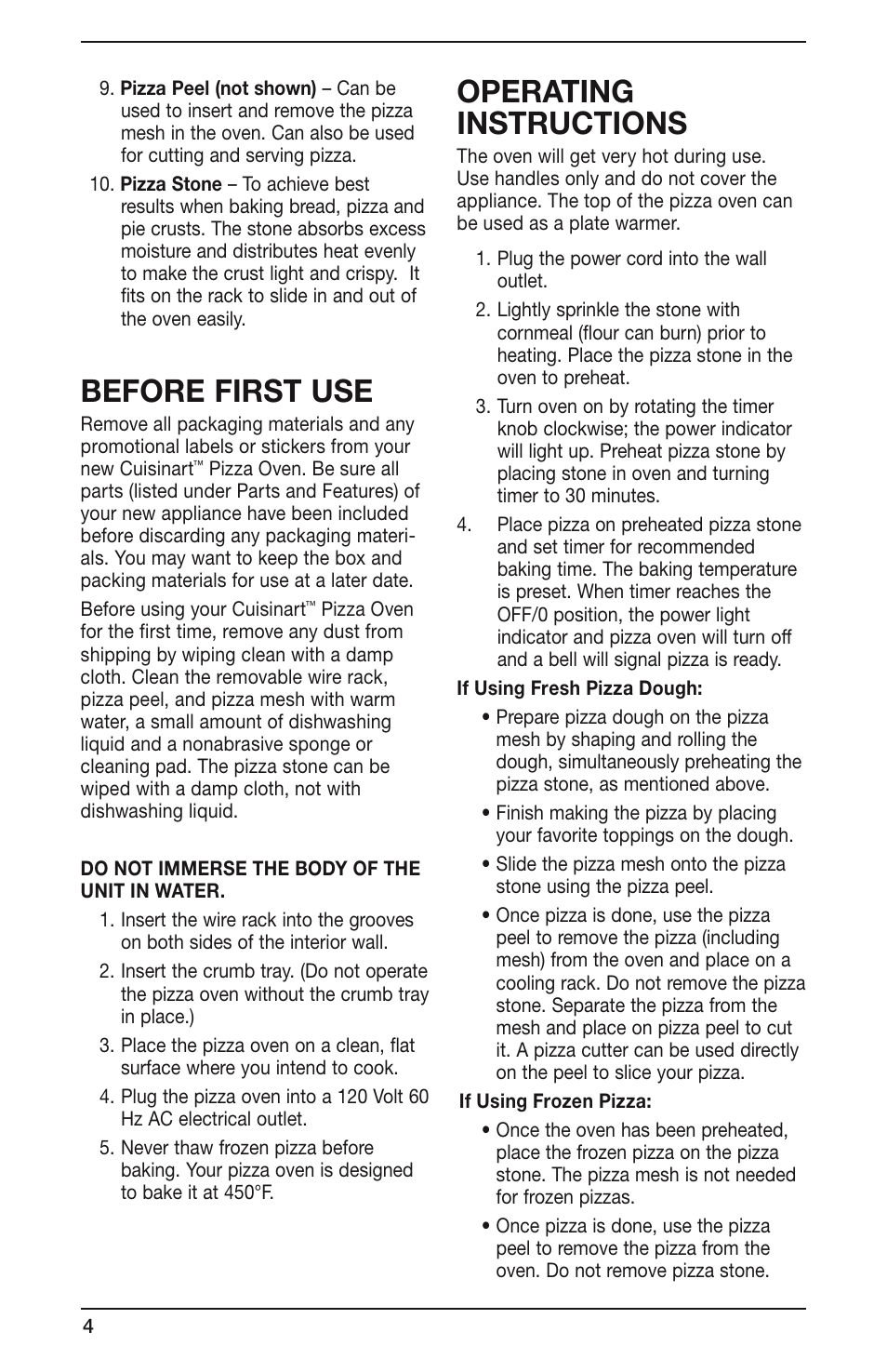 Before first use, Operating instructions | Cuisinart PIZ-100 User Manual | Page 4 / 21