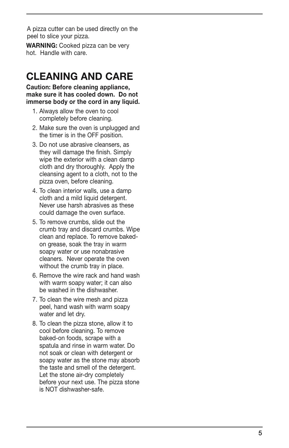 Cleaning and care | Cuisinart PIZ-100 User Manual | Page 5 / 21