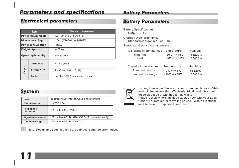 页 12, Parameters and specifications, Electronical parameters system | Battery parameters | Lenco DVP-751 User Manual | Page 12 / 65
