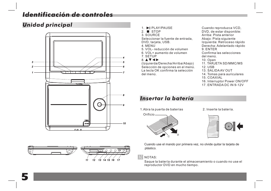 Identificación de controles, Unidad principal, Insertar la batería | Lenco DVP-751 User Manual | Page 19 / 65