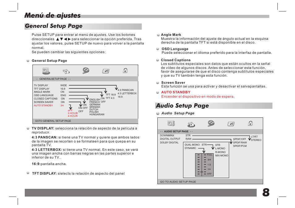 Menú de ajustes, Audio setup page, General setup page | Lenco DVP-751 User Manual | Page 22 / 65