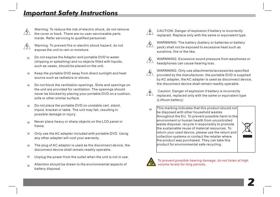 Important safety instructions | Lenco DVP-751 User Manual | Page 3 / 65