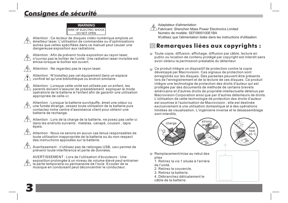 Consignes de sécurité, Remarques liées aux copyrights | Lenco DVP-751 User Manual | Page 30 / 65