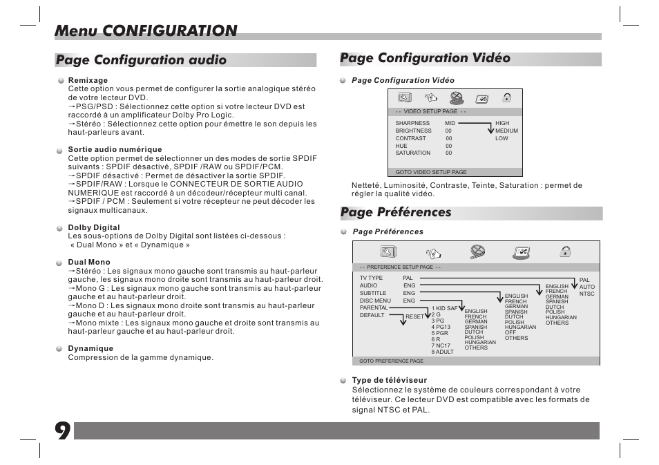 页 10, Menu configuration, Page configuration vidéo | Page configuration audio, Page préférences | Lenco DVP-751 User Manual | Page 36 / 65