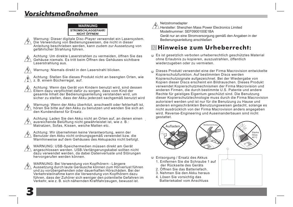 Vorsichtsmaßnahmen, Hinweise zum urheberrecht | Lenco DVP-751 User Manual | Page 43 / 65