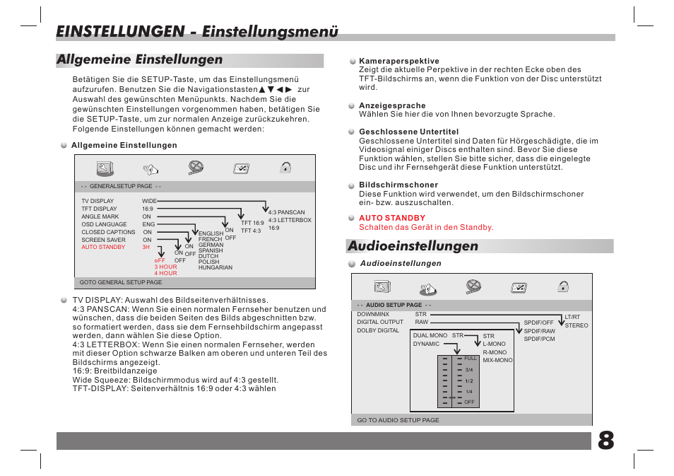Einstellungen - einstellungsmenü, Audioeinstellungen, Allgemeine einstellungen | Lenco DVP-751 User Manual | Page 48 / 65