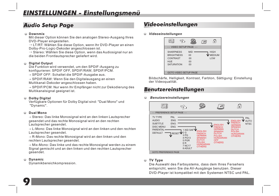 页 10, Einstellungen - einstellungsmenü, Videoeinstellungen | Audio setup page, Benutzereinstellungen | Lenco DVP-751 User Manual | Page 49 / 65