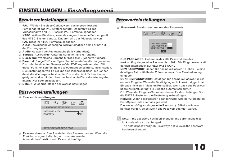 页 11, Einstellungen - einstellungsmenü, Passworteinstellungen | Benutzereinstellungen passworteinstellungen | Lenco DVP-751 User Manual | Page 50 / 65