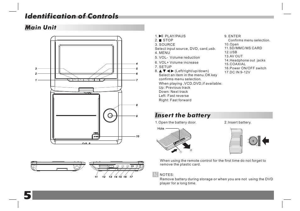 Identification of controls, Main unit, Insert the battery | Lenco DVP-751 User Manual | Page 6 / 65