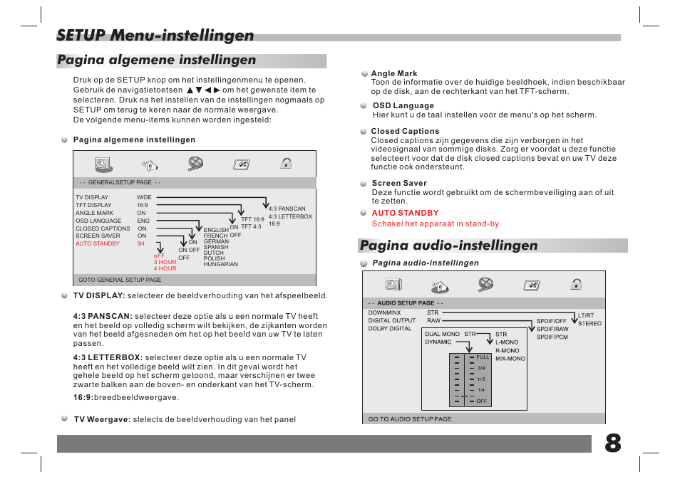 Setup menu-instellingen, Pagina audio-instellingen, Pagina algemene instellingen | Lenco DVP-751 User Manual | Page 61 / 65