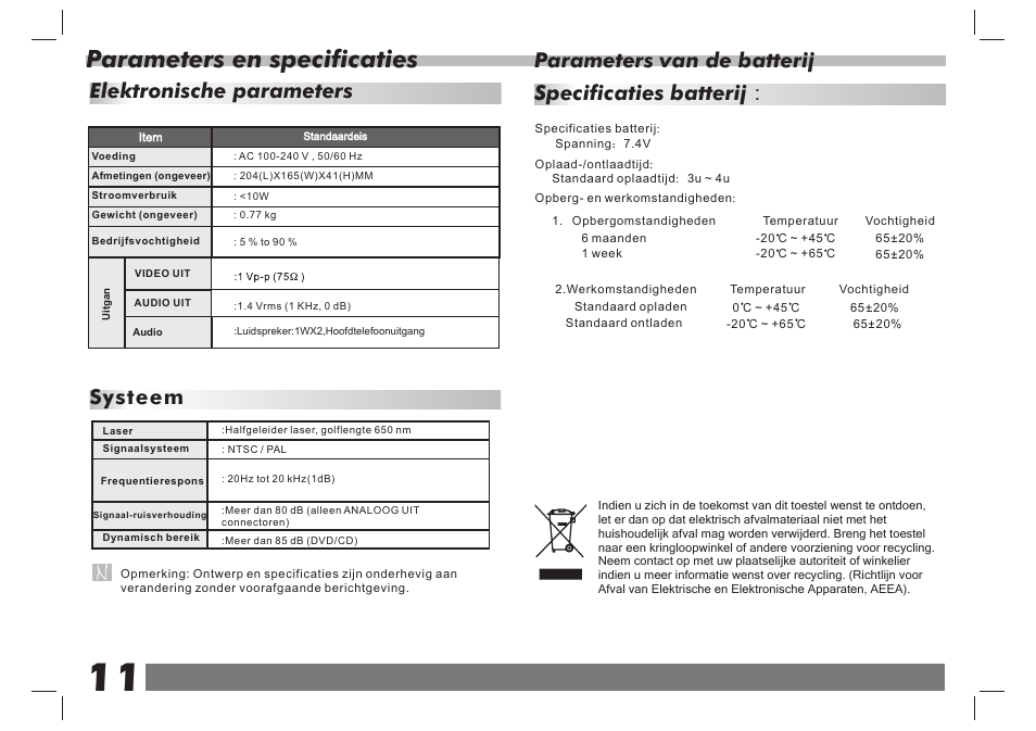 页 12, Parameters en specificaties, Elektronische parameters systeem | Parameters van de batterij, Specificaties batterij | Lenco DVP-751 User Manual | Page 64 / 65