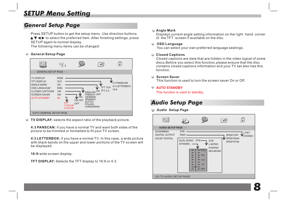Setup menu setting, Audio setup page, General setup page | Lenco DVP-751 User Manual | Page 9 / 65