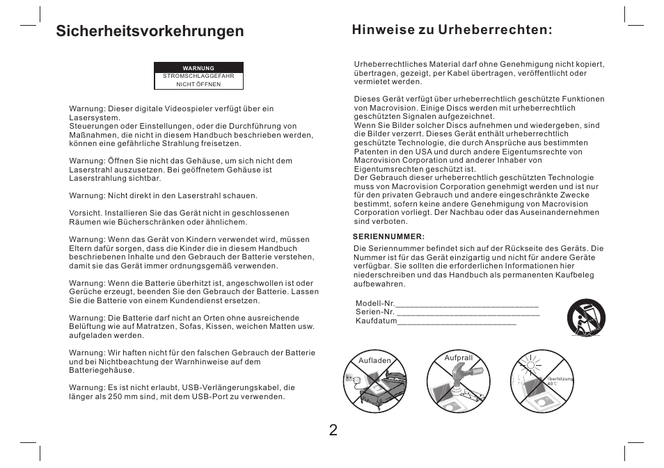 Sicherheitsvorkehrungen, Hinweise zu urheberrechten | Lenco DVP-754 User Manual | Page 13 / 50