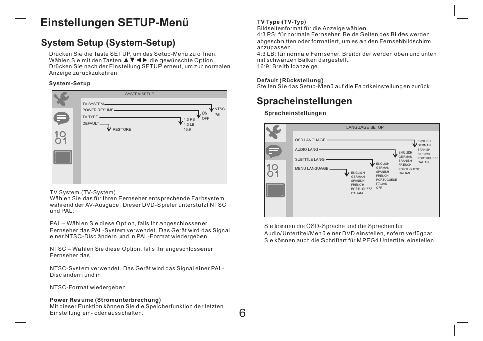 Einstellungen setup-menü, Spracheinstellungen, System setup (system-setup) | Lenco DVP-754 User Manual | Page 17 / 50