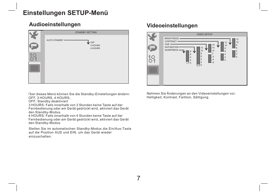 Einstellungen setup-menü, Videoeinstellungen, Audioeinstellungen | Lenco DVP-754 User Manual | Page 18 / 50