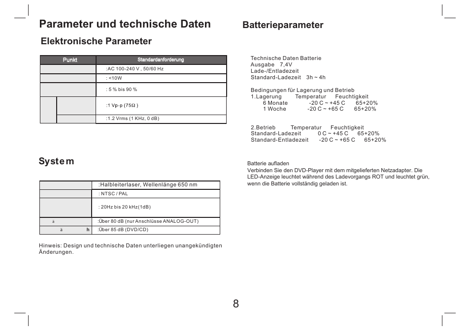 Parameter und technische daten, Elektronische parameter, System | Batterieparameter | Lenco DVP-754 User Manual | Page 19 / 50
