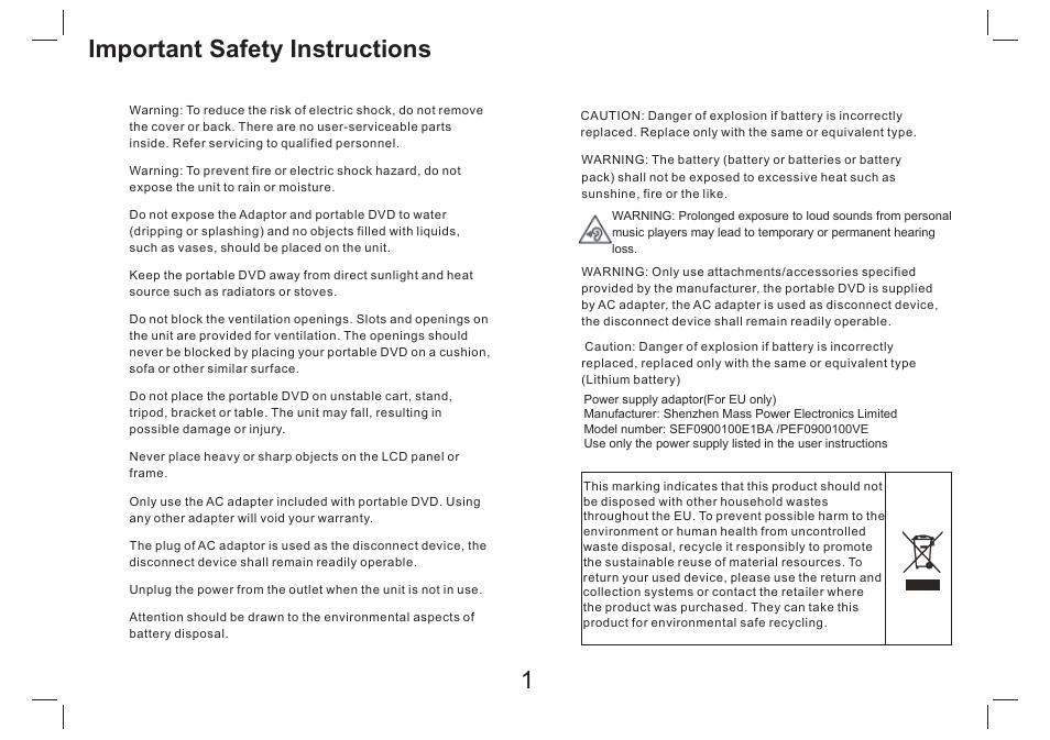 Important safety instructions | Lenco DVP-754 User Manual | Page 2 / 50