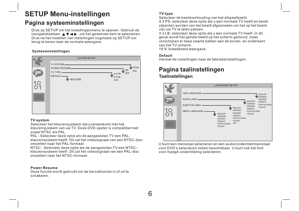 Setup menu-instellingen, Pagina systeeminstellingen pagina taalinstellingen | Lenco DVP-754 User Manual | Page 27 / 50