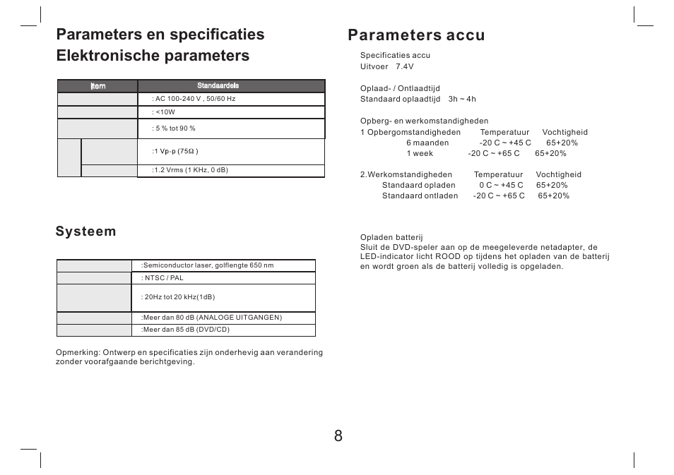 Parameters accu 8, Systeem | Lenco DVP-754 User Manual | Page 29 / 50
