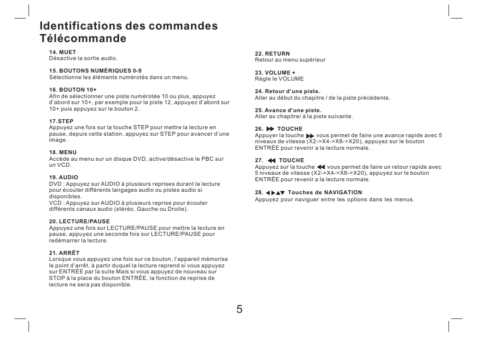 Identifications des commandes télécommande 5 | Lenco DVP-754 User Manual | Page 36 / 50