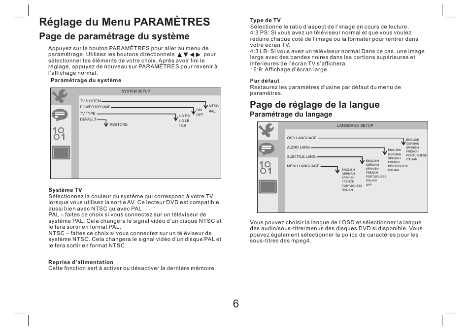 Réglage du menu paramètres | Lenco DVP-754 User Manual | Page 37 / 50