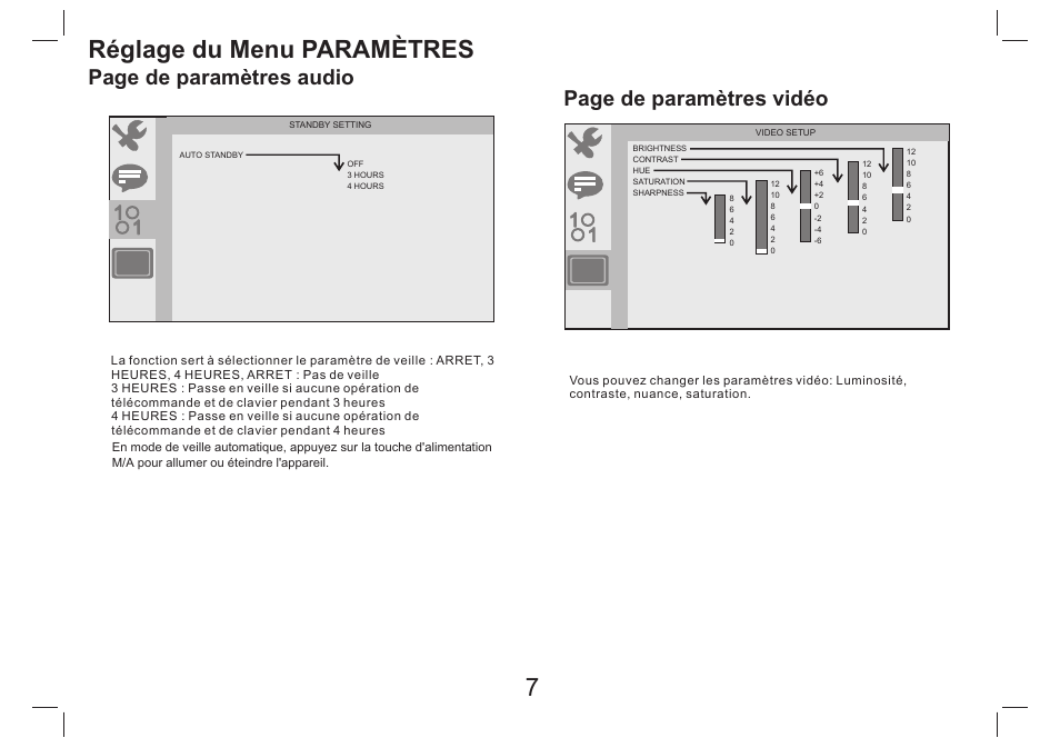 Réglage du menu paramètres, Page de paramètres audio page de paramètres vidéo | Lenco DVP-754 User Manual | Page 38 / 50