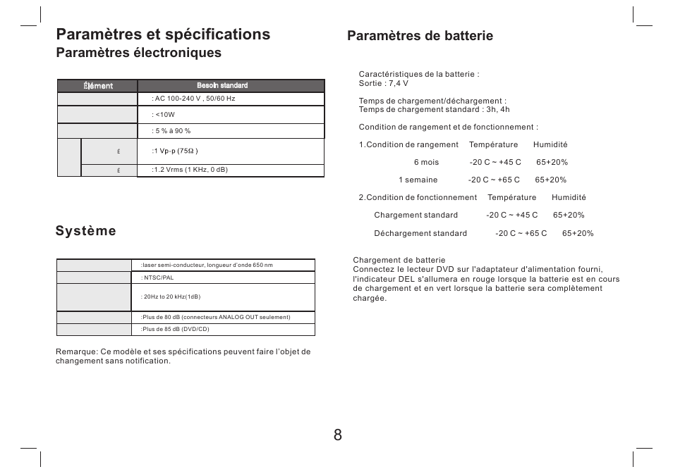 Paramètres et spécifications, Paramètres électroniques, Système | Paramètres de batterie | Lenco DVP-754 User Manual | Page 39 / 50