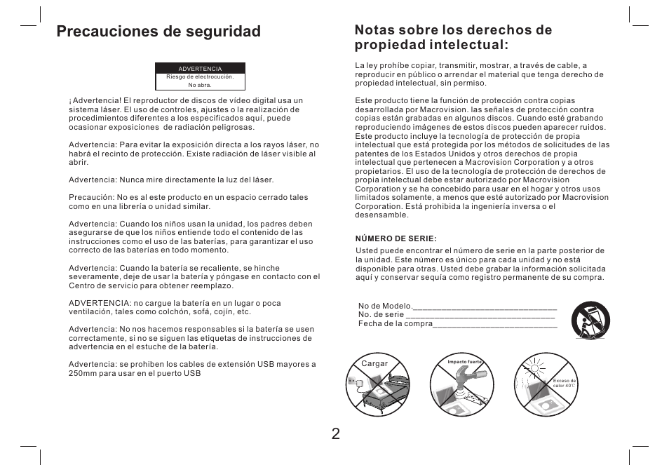 Precauciones de seguridad, Notas sobre los derechos de propiedad intelectual | Lenco DVP-754 User Manual | Page 43 / 50