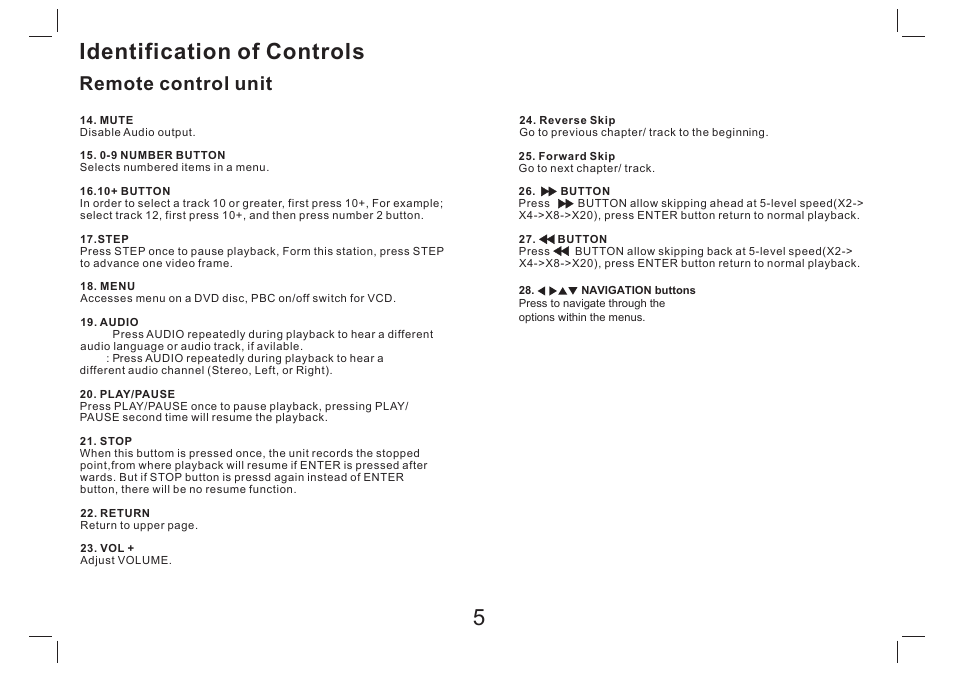 Identification of controls, Remote control unit | Lenco DVP-754 User Manual | Page 6 / 50