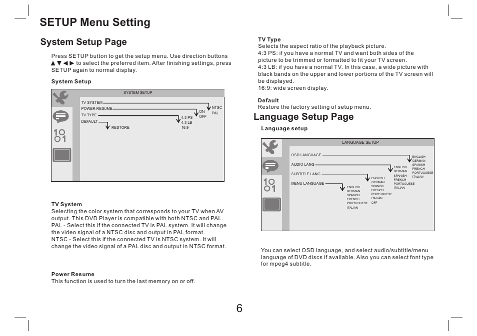 Setup menu setting, Language setup page, System setup page | Lenco DVP-754 User Manual | Page 7 / 50
