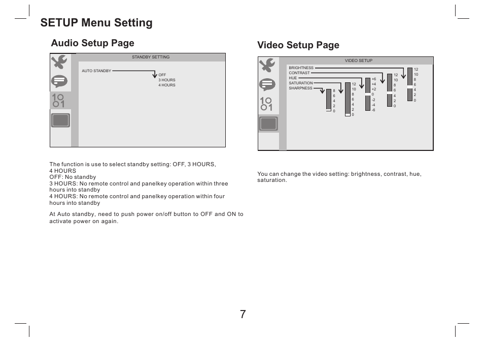 Setup menu setting, Video setup page, Audio setup page | Lenco DVP-754 User Manual | Page 8 / 50