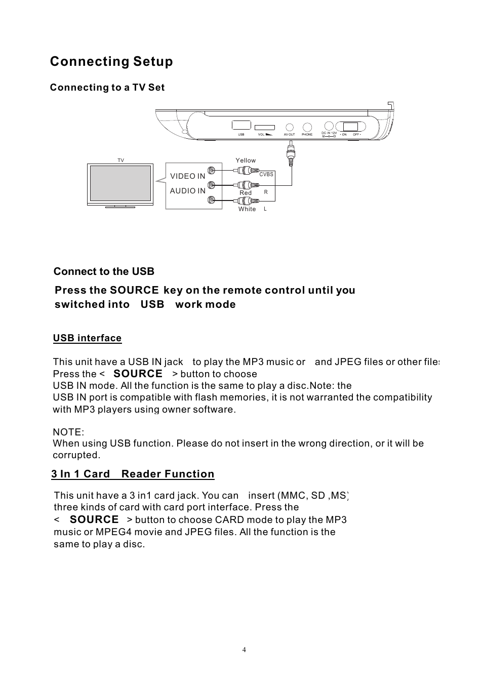 Connecting setup, Connect to the usb, Source | 3 in 1 card reader function | Lenco DVP-931 User Manual | Page 6 / 16