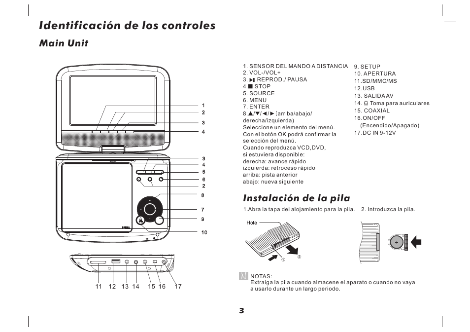 Identificación de los controles, Main unit, Instalación de la pila | Lenco DVP-937 User Manual | Page 15 / 55