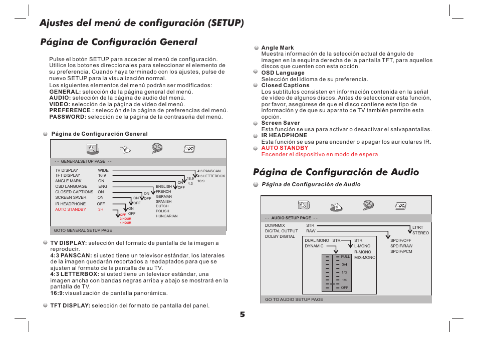 Ajustes del menú de configuración (setup), Página de configuración de audio, Página de configuración general | Lenco DVP-937 User Manual | Page 17 / 55