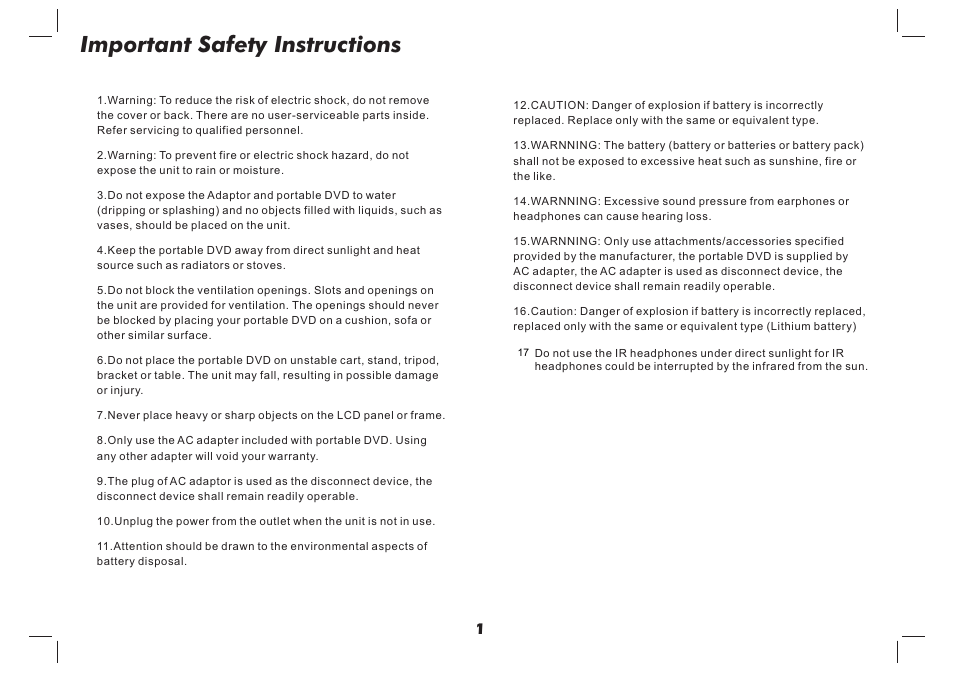 Important safety instructions | Lenco DVP-937 User Manual | Page 2 / 55