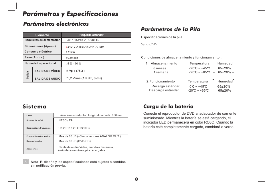 Parámetros y especificaciones, Parámetros de la pila, Parámetros electrónicos | Sistema, Carga de la batería | Lenco DVP-937 User Manual | Page 20 / 55